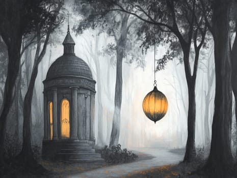 Mysterious glowing lantern hangs over a path leading to a mausoleum in a foggy forest