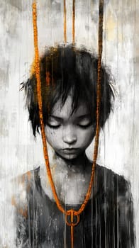 Painting of a sad young person with eyes closed and orange ropes hanging from the top of the image, creating a melancholic and somber atmosphere