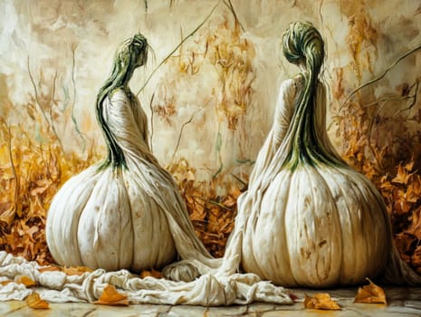 Two strange pumpkin creatures with long green hair sitting on a bed of autumn leaves