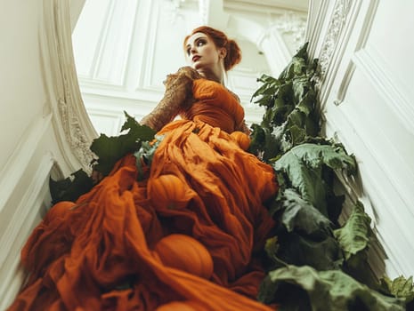 Redhead woman is posing on a staircase with pumpkins and leaves for a halloween photoshoot