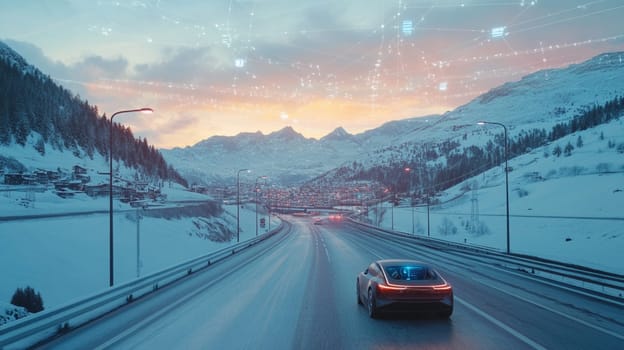 Sleek electric suv drives on a snowy mountain road at sunset, blending nature with modern automotive innovation