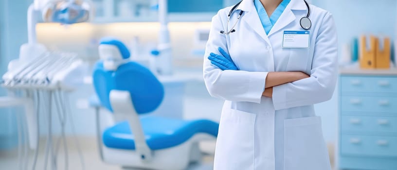 doctor in white coat stands confidently in modern dental clinic.