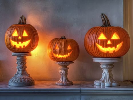 Three carved pumpkins glowing on pedestals are creating a spooky and festive atmosphere for halloween