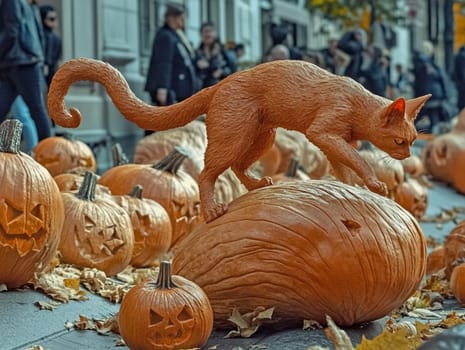 Orange tabby cat sculpture is prowling on a giant carved pumpkin surrounded by carved pumpkins with people walking in the background
