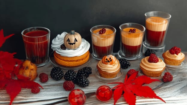 A table with a variety of desserts and drinks, including pumpkin cupcakes and pumpkin pie. The table is decorated with autumn leaves and berries, creating a festive and cozy atmosphere