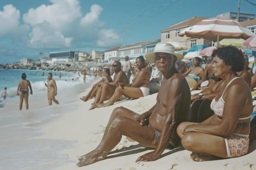Tourists relaxing on a sunny beach, enjoying the warm weather and the cool ocean breeze