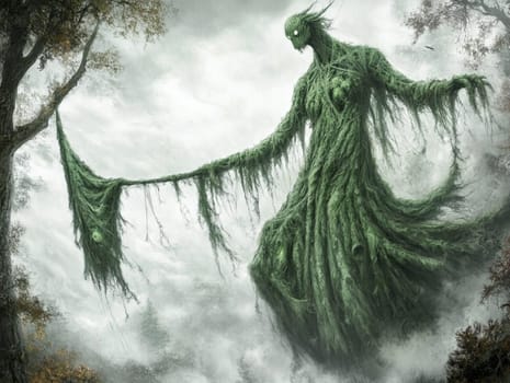 Scary forest monster with long mossy arms reaching for a tree in a spooky foggy forest