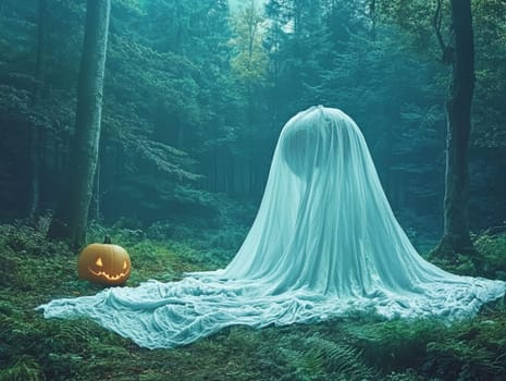 Ghost hiding under a white sheet in a spooky forest at night with a jack o' lantern nearby, halloween concept