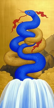Blue and gold snake is rising from a waterfall with mountains and clouds in the background. The snake is painted in a traditional asian style, with bold colors and intricate details