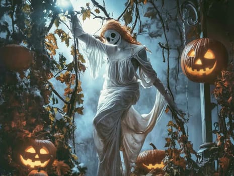 Ghost woman in white dress is posing in a spooky forest, surrounded by pumpkins and autumn leaves