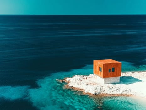 Bright red minimalist house is perched on a white cliff overlooking the turquoise sea. Creating a striking contrast of colors. The house's simple design and bold color make it a captivating subject