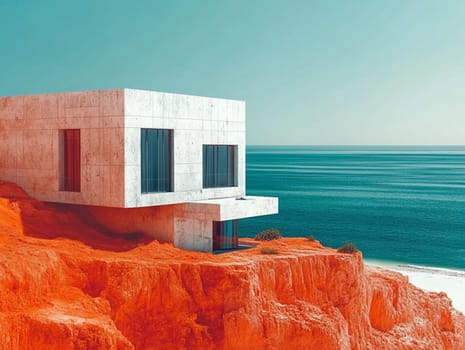Modern minimalist white concrete house with clean lines is perched on a red cliff overlooking a serene blue ocean, offering breathtaking views and a sense of tranquility