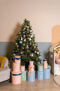 Interior of white lving room with big windows and Christmas New year decor,light garland