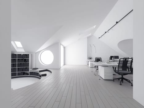 Minimalist office with ergonomic chairs and clean white design. 3d render