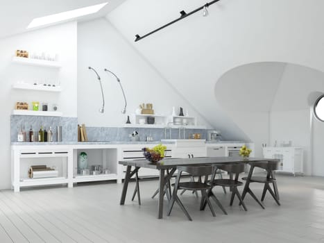Minimalist white kitchen with sleek design and natural light. 3d render