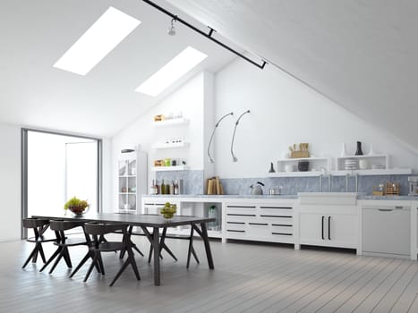 Minimalist white kitchen with sleek design and natural light. 3d render