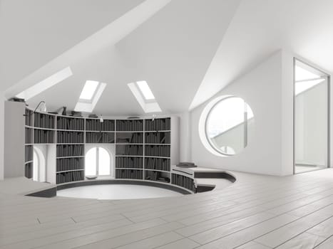 Interior of modern library with white walls, concrete floor and bookshelves. 3d rendering