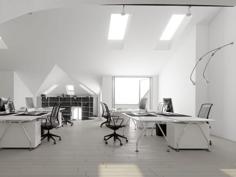 Minimalist office with ergonomic chairs and clean white design. 3d render