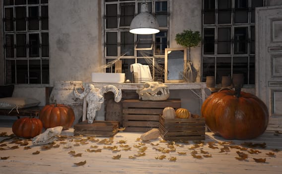 Spooky Halloween scene with skulls, pumpkins, and candles. 3D
