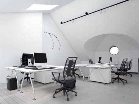 Minimalist office with ergonomic chairs and clean white design. 3d render