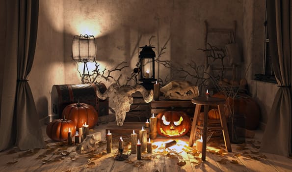 Spooky Halloween scene with skulls, pumpkins, and candles. 3D