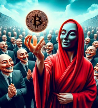 A man in a mask holding a Bitcoin coin. The man is surrounded by other people in masks