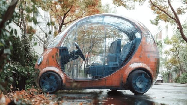 Driving through a street covered in volcanic ash, a man navigates an autonomous electric car parked near a house after a natural disaster