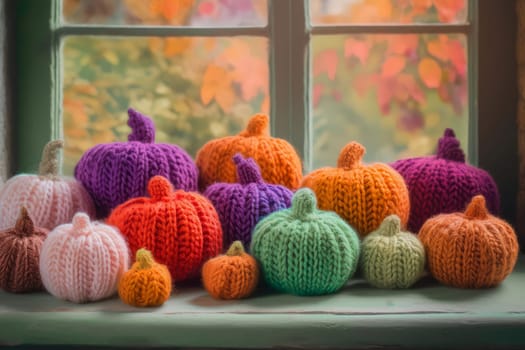 Knitted multicolor pumpkins lie on the windowsill by the window. Golden autumn with yellow leaves outside the window