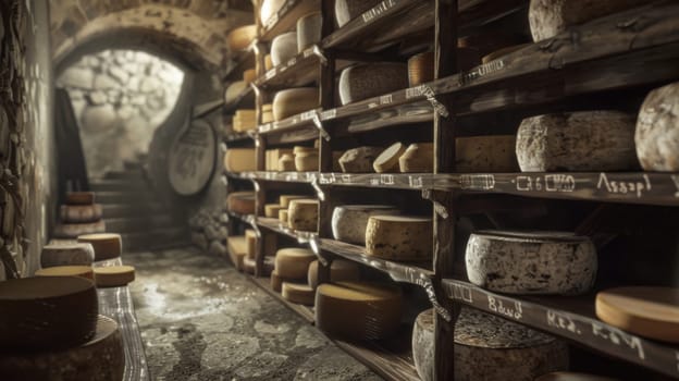 Wheels of aging cheese maturing on wooden shelves