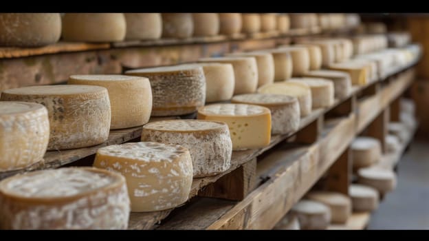 Wheels of aging cheese maturing on wooden shelves