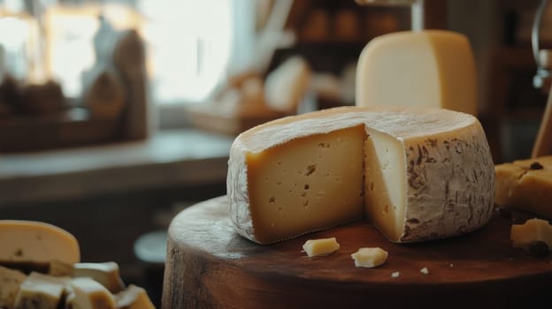 Group of various cheeses including gruyere, lavender goat cheese, provolone, parmigiano-reggiano, cheddar, and more
