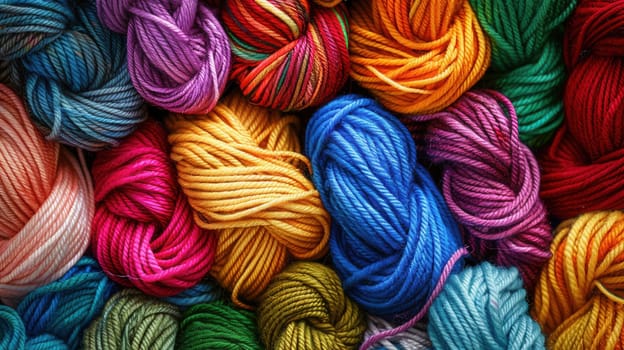 A vibrant assortment of colorful yarn balls is meticulously stacked one on top of the other, creating a visually appealing display