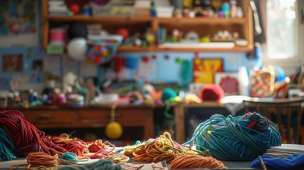 Tangled skeins of yarn on a table background