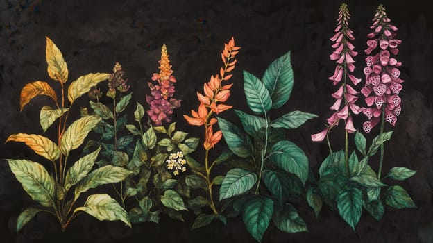 Detailed botanical watercolor illustration on dark