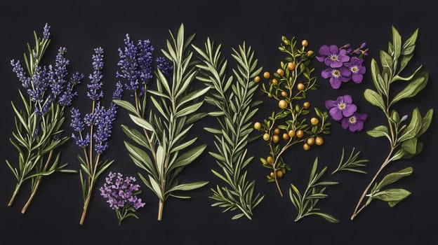 Detailed botanical watercolor illustration on dark