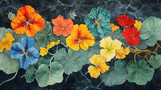 Detailed botanical watercolor illustration on dark