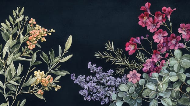 Detailed botanical watercolor illustration on dark
