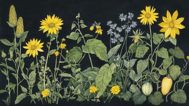 Detailed botanical watercolor illustration on dark