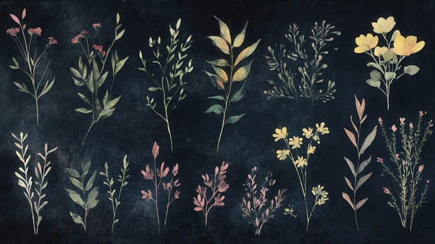 Detailed botanical watercolor illustration on dark