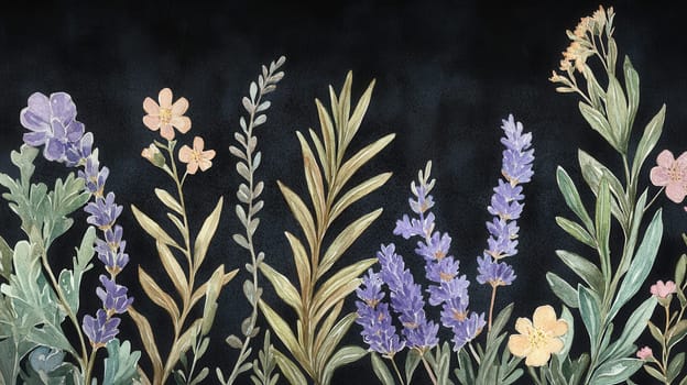Detailed botanical watercolor illustration on dark