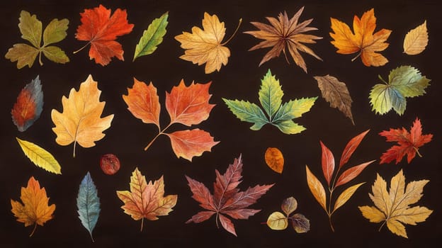 Detailed botanical watercolor showcasing various autumn leaves on dark brown background
