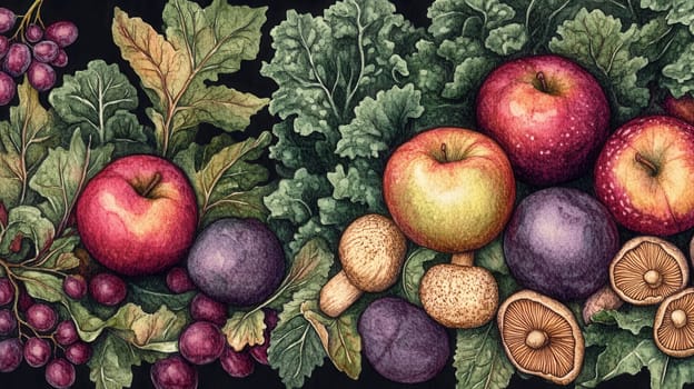 Detailed fruits watercolor illustration on dark