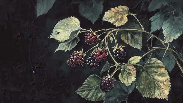 Detailed botanical drawing showcasing blackberry on dark background