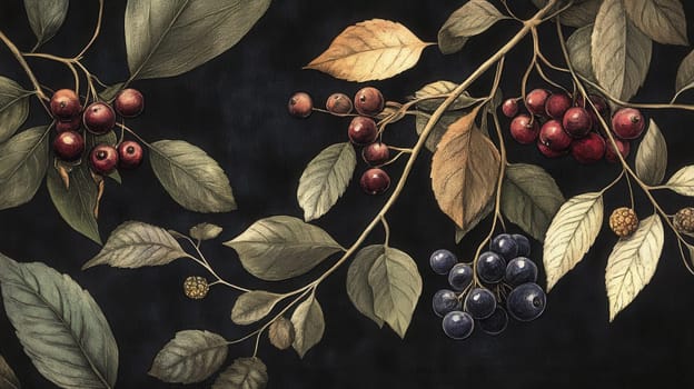 Detailed botanical drawing showcasing berries on dark background