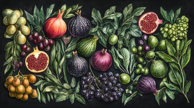 Detailed exotic fruits watercolor illustration on dark