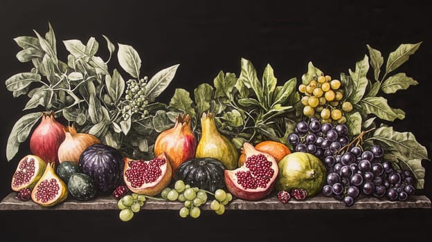 Detailed exotic fruits watercolor illustration on dark