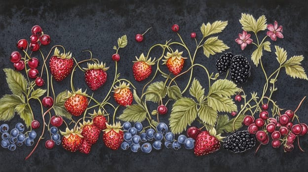 Detailed watercolor illustration of berries on dark