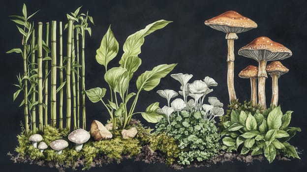 Detailed botanical illustration with mushrooms