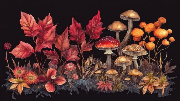 Detailed botanical illustration with mushrooms
