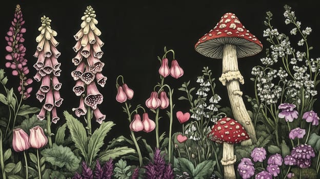 Detailed botanical illustration with mushrooms